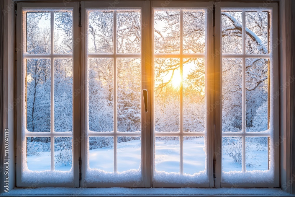Fototapeta premium Stunning Winter Sunrise View Through a Snow-Covered Window Pane - Idyllic Frozen Landscape Photography