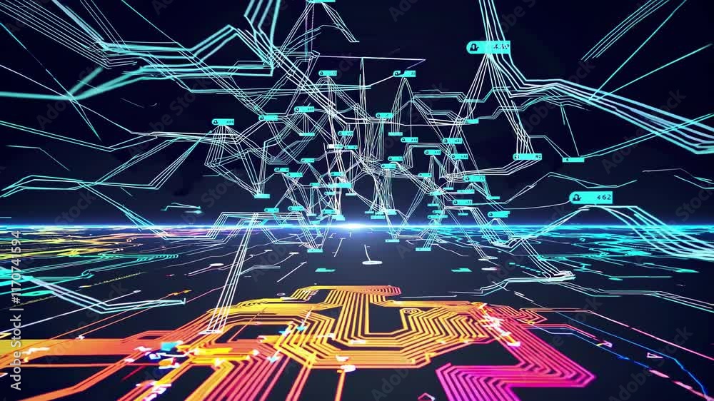 Exploring the vibrant world of digital circuits and technological pathways in an immersive environment