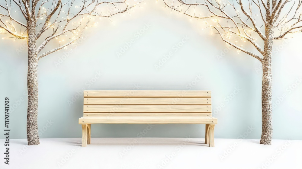 Cozy wooden bench surrounded by glowing branches in serene winter setting Cozy wooden bench surrounded by glowing branches in serene winter setting