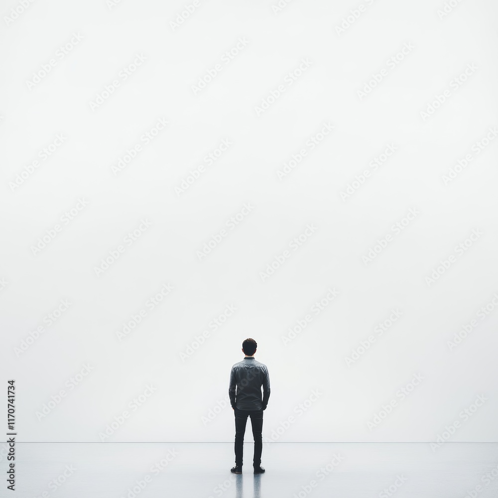 A man stands in front of a wall, looking out into the distance A man stands in front of a wall, looking out into the distance