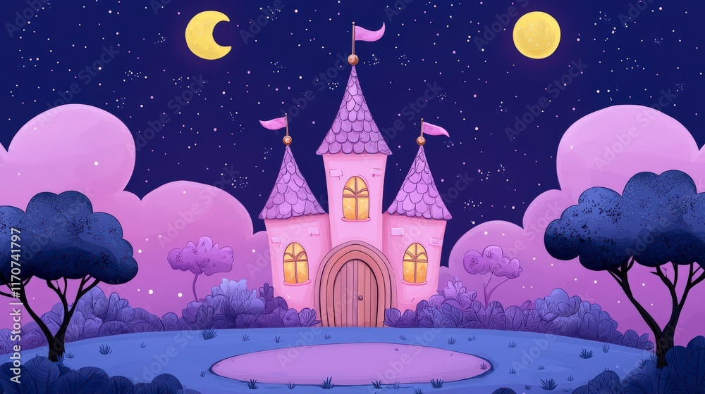 Fototapeta premium Magical pink castle at night with stars, moon, and whimsical clouds in a dreamy landscape