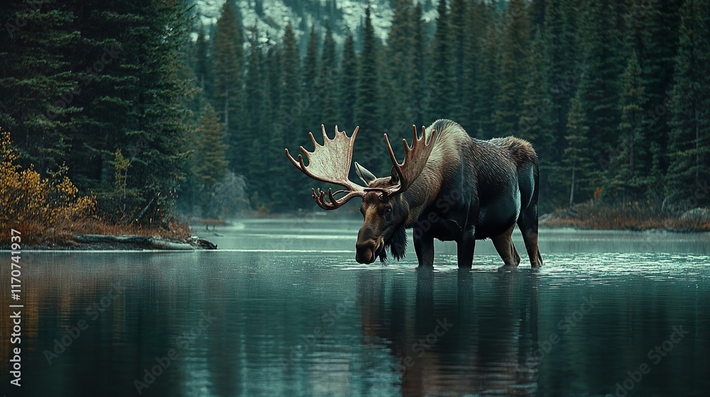 Fototapeta premium A young, male bull moose with antlers feeding in a lake in Glacier National Park, Montana