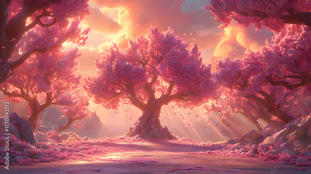 Fototapeta premium Enchanting pink blossom trees in a dreamy sunset landscape. Perfect for fantasy, fairytale, or peaceful nature themes.