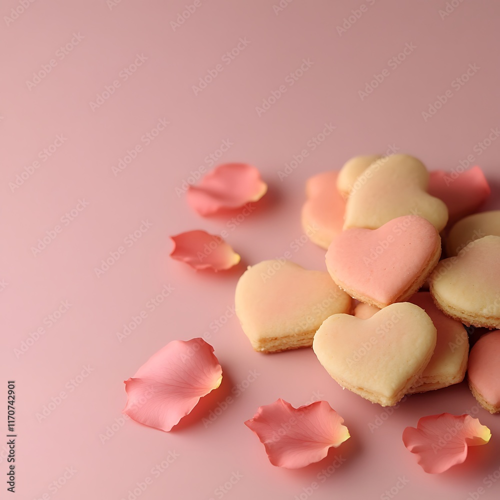 Valentine's Day with heart-shaped cookies and rose petals on pink background Valentine's Day with heart-shaped cookies and rose petals on pink background