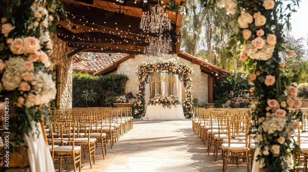 Fototapeta premium Exquisite Outdoor Wedding Ceremony Setup Floral Arch, Gold Chiavari Chairs, and Romantic Ambiance
