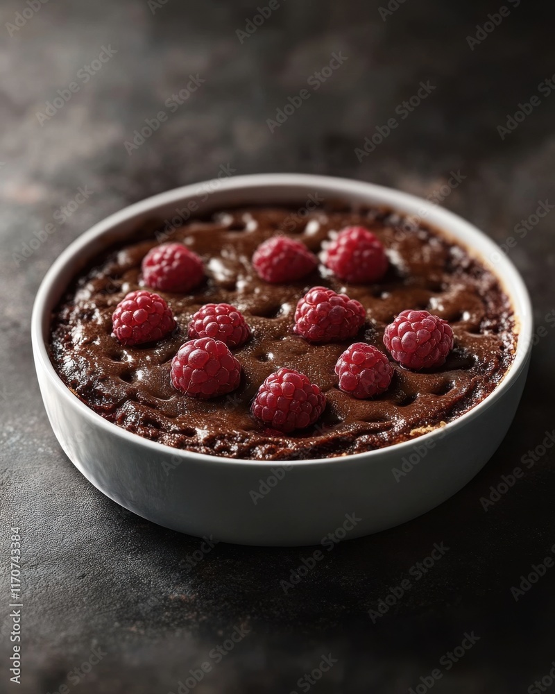 Decadent chocolate cake topped with fresh raspberries, presented in a white dish against a dark background. Decadent chocolate cake topped with fresh raspberries, presented in a white dish against a dark background.
