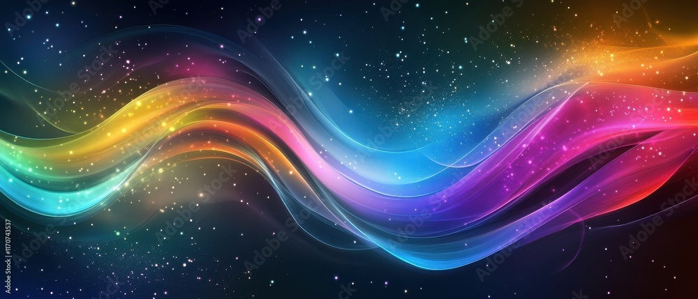Obraz premium Vibrant Rainbow Wave Abstract Background with Sparkling Lights and Galaxy Effect - Digital Art