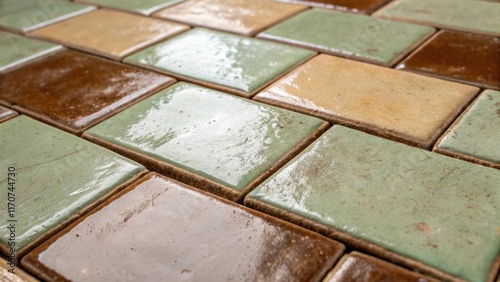 A close inspection of vintagestyle earthenware tiles presenting a muted palette of earthy browns and soft greens. The textured surfaces exhibit a blend of gloss and matte finishes
