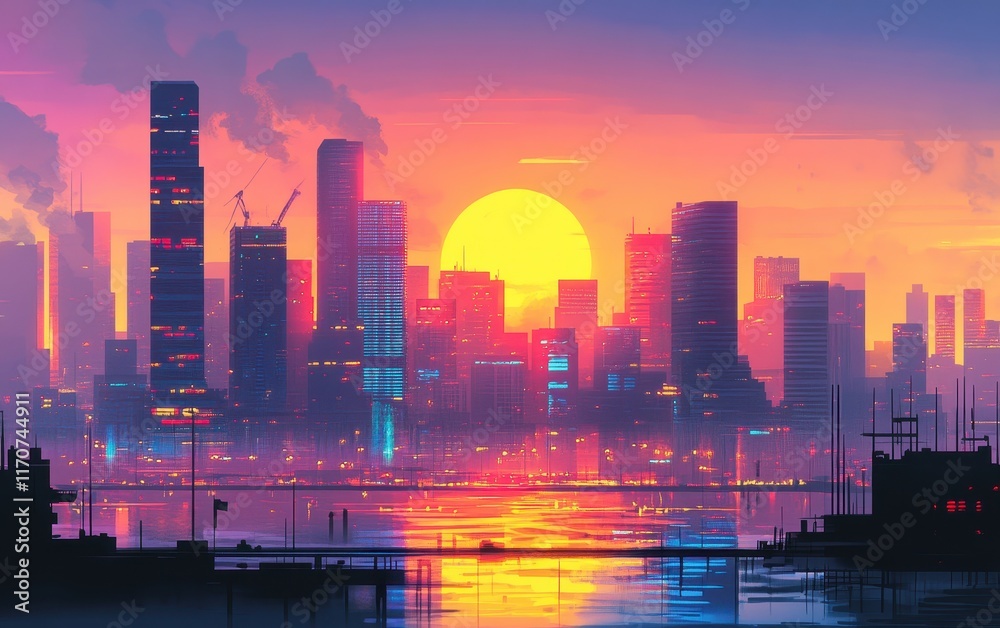 Fototapeta premium Vibrant Sunset over Futuristic Cityscape Stunning Digital Art of Modern Metropolis at Golden Hour