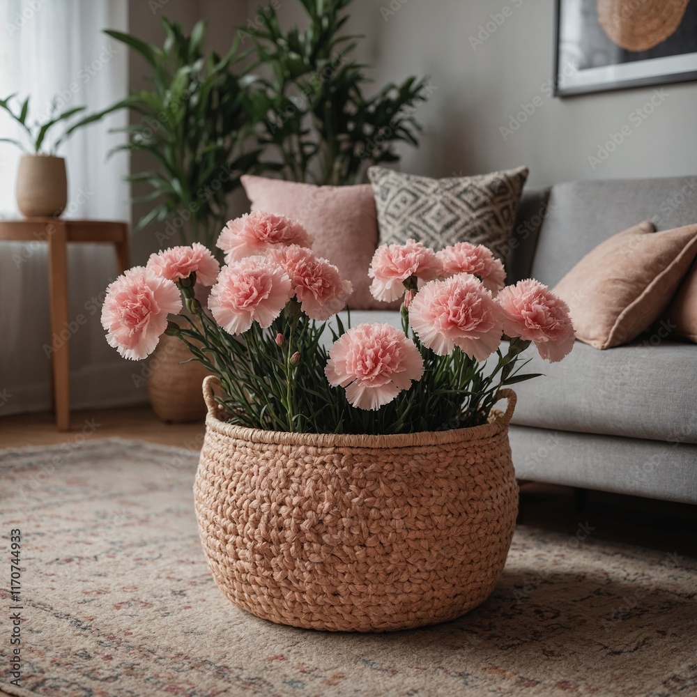 A carnation plant with pink blossoms in a boho-chic woven basket pot, placed in the corner of a cozy lounge area with soft cushions and a coffee table. A carnation plant with pink blossoms in a boho-chic woven basket pot, placed in the corner of a cozy lounge area with soft cushions and a coffee table.