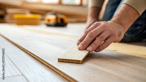 A close shot of a hand holding a strip of sandpaper poised to begin smoothing a section of unfinished flooring. The rough edges of the wood catch the light while the blurred bokeh