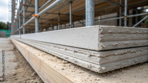 A closeup detail of the fiber cement panels where they meet the ground with a hint of dust settling on the lower edge. The rugged texture of the panel contrasts against the smooth