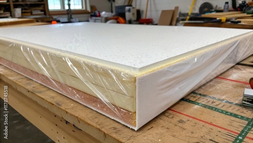 A closeup of a crosssection of a rigid foam board exposing the layered construction within. The protective plastic wrap is pulled back to reveal the clean edges of the insulation