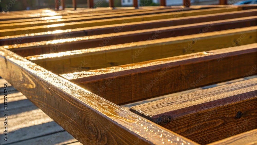 A closeup of a row of wooden framework sections freshly painted in a protective sealant reflecting hues of warm browns and golden tones. The surface glistens in the afternoon A closeup of a row of wooden framework sections freshly painted in a protective sealant reflecting hues of warm browns and golden tones. The surface glistens in the afternoon