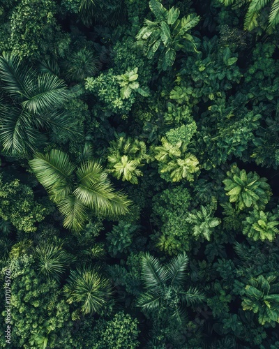 Lush Tropical Rainforest Canopy Aerial View of Diverse Green Foliage, Palm Leaves, and Exotic Plants - Nature Background