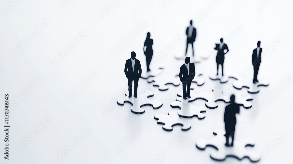 Silhouettes of business people standing on interconnected puzzle pieces, symbolizing teamwork and collaboration. Silhouettes of business people standing on interconnected puzzle pieces, symbolizing teamwork and collaboration.