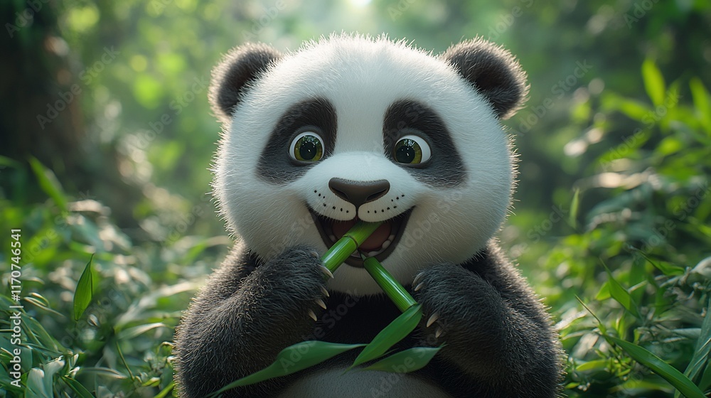 Obraz premium Adorable Panda Cub Enjoying Bamboo in Lush Greenery