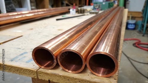 A closeup of the ends of the copper pipes reveals the shiny freshly edges that speak to careful preparation. The sawhorses are slightly chipped and worn suggesting a workshop full