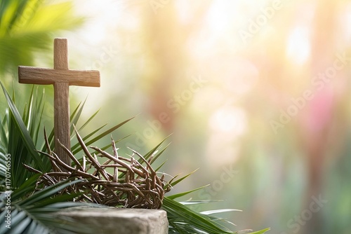 Crown of thorns, cross and palm leaves. Palm sunday and easter day concept. 
