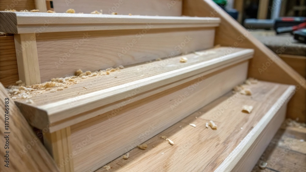 A closeup on the joints where the stair stringers connect to the risers highlighting the precision s and flush surfaces. The image captures the intricate details of the joinery A closeup on the joints where the stair stringers connect to the risers highlighting the precision s and flush surfaces. The image captures the intricate details of the joinery