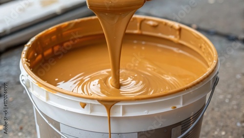 A closeup on the spout of an adhesive bucket freshly od and oozing out a generous glob of adhesive. The rich creamy texture glistens in the light with small droplets clinging to