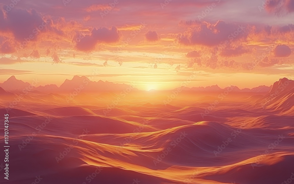 Fototapeta premium Dramatic Sunset over Rolling Desert Dunes and Mountain Range - Epic Golden Hour Landscape Photography