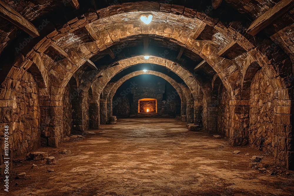 Obraz premium Ancient stone cellar with arches and a light at the end.