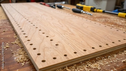 A closeup shot of a plywood sheet laid flat revealing a series of perfectly aligned predrilled holes along the edges with some sequined wood shavings tered around. The rich amber photo