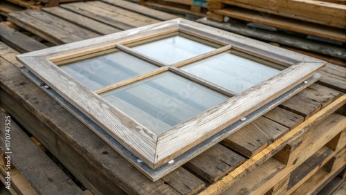 A closeup view focusing on a single doubleglazed window pane resting atop a stack of weathered shipping crates. The textured border of the glass frame contrasts with the roughhewn photo