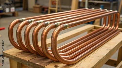 A closeup view captures the intricate bends and curves of custom copper pipes resting on sawhorses in a sunlit workshop. The natural patina beginning to form on some pipes hints at