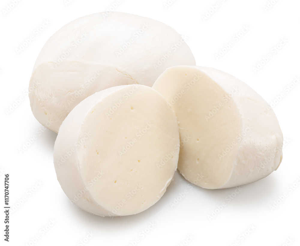 Ball of mozzarella and cross cut of mozzarella cheese ball on white background. File contains clipping path. Ball of mozzarella and cross cut of mozzarella cheese ball on white background. File contains clipping path.