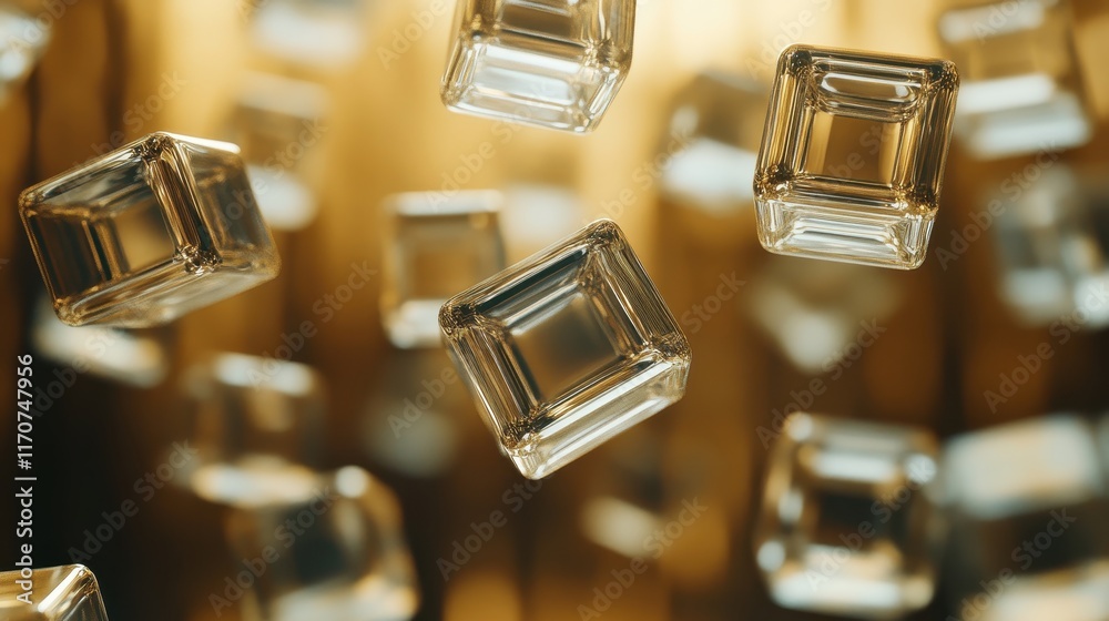 Abstract Golden Background with Falling Glass Cubes Luxurious 3D Render of Transparent Geometric Shapes Abstract Golden Background with Falling Glass Cubes Luxurious 3D Render of Transparent Geometric Shapes