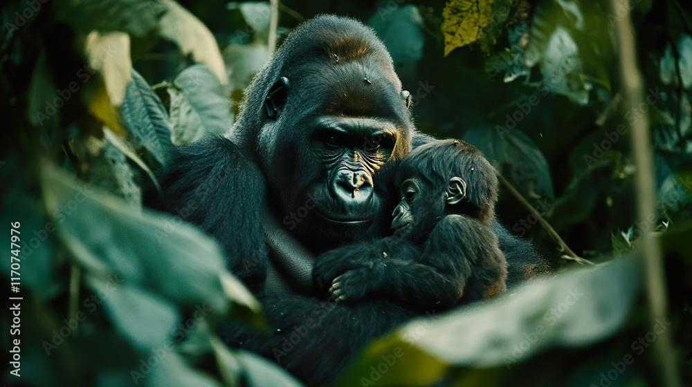 Adult female gorilla with baby, Gorilla beringei beringei, in the lush foliage of the Bwindi Impenetrable forest, Uganda. Members of the Muyambi family habituated group of the conservation programme. Adult female gorilla with baby, Gorilla beringei beringei, in the lush foliage of the Bwindi Impenetrable forest, Uganda. Members of the Muyambi family habituated group of the conservation programme.