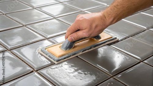 A close view of a hand holding a grout float preparing to press the mixture into the spaces defined by the tile spacers. The float is slightly smudged with gray grout while the