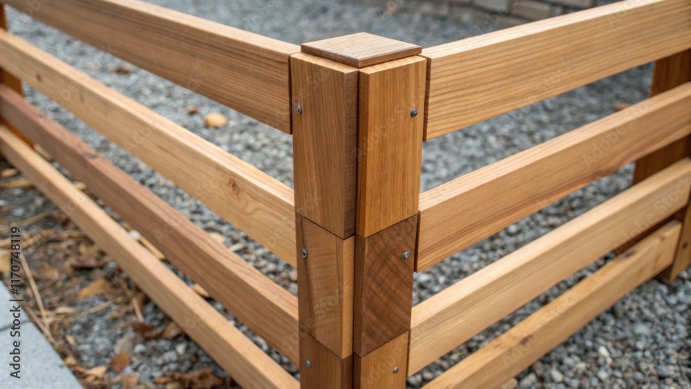 A corner detail of the fence installation where two horizontal slats meet illustrating careful craftsmanship and precise alignment the contrast of the polished wood against a A corner detail of the fence installation where two horizontal slats meet illustrating careful craftsmanship and precise alignment the contrast of the polished wood against a