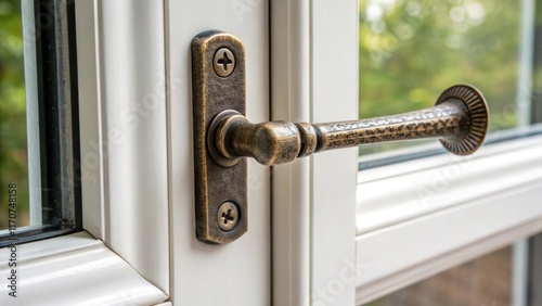 A contrasting view highlights an antiquestyle cat window crank handle tarnished to perfection juxtaposed against clean minimalist hardware. The textural elements of the handle