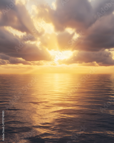 Sun rays breaking through clouds over a calm sea, symbolizing hope and peace. Nature and Serenity mockup