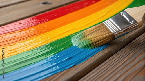 A detailed closeup shot of paintbrush strokes on a trim board where the wood grain is still slightly visible beneath a thick layer of glossy paint. The colors swirl together in a photo