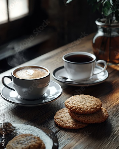 A cozy cafe setting with two cups of coffee and freshly baked cookies on a rustic wooden table.