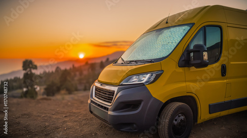 Canvastavla Yellow camper van at sunset in La Palma