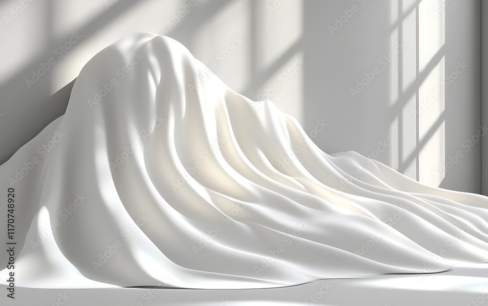 Mysterious object concealed under white fabric in a sunlit room. Mysterious object concealed under white fabric in a sunlit room.