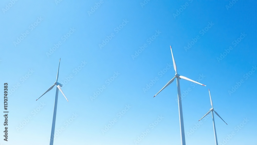 Three Wind Turbines Against A Clear Blue Sky Three Wind Turbines Against A Clear Blue Sky