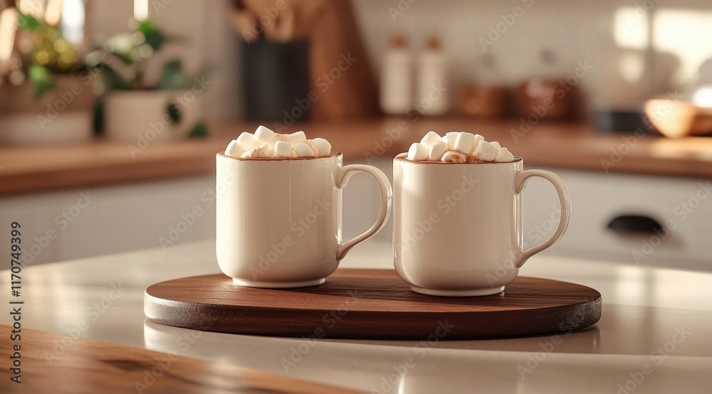 Fototapeta premium Hot chocolate in two white mugs with marshmallows on top, placed on a wooden board