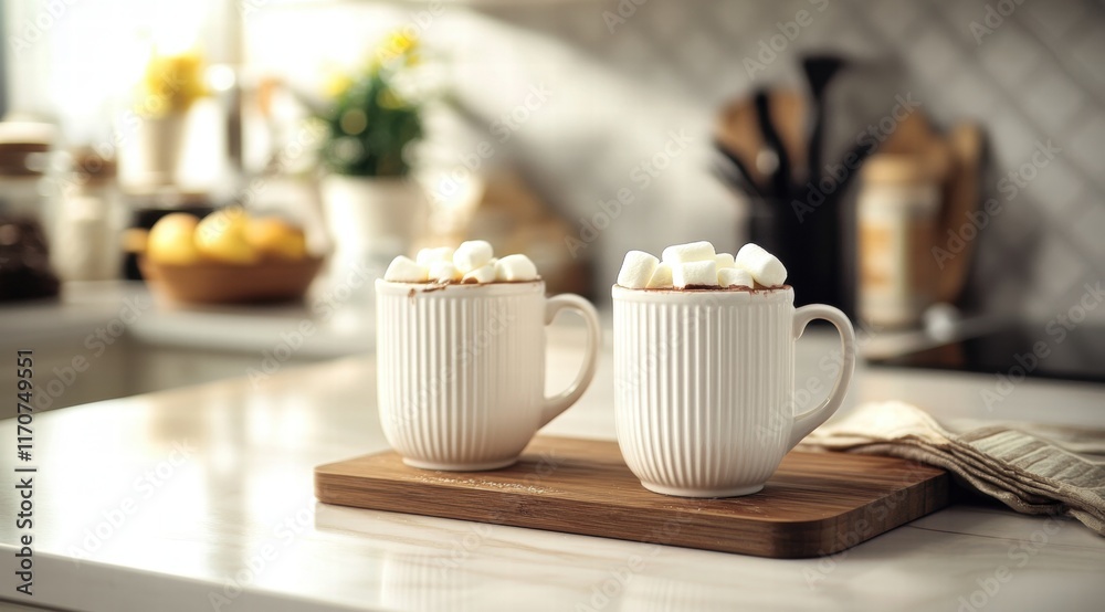 Hot chocolate in two white mugs with marshmallows on top, placed on a wooden board Hot chocolate in two white mugs with marshmallows on top, placed on a wooden board