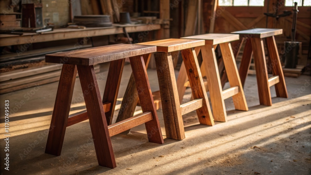 A dynamic composition reveals three wooden planks leaning slightly off the sawhorses each stained in varying shades of cedar and mahogany. The interplay of light and shadow A dynamic composition reveals three wooden planks leaning slightly off the sawhorses each stained in varying shades of cedar and mahogany. The interplay of light and shadow