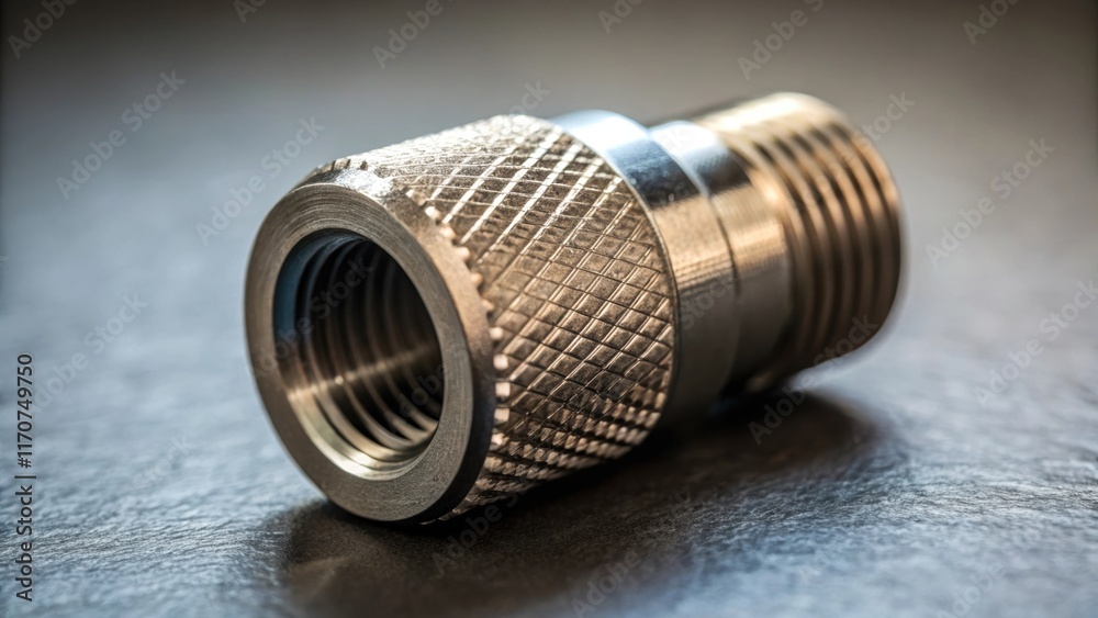 A focused shot on a single threaded coupler its edges sharply defined and textures pronounced. The background fades into soft shadows allowing the intricacies of the couplers A focused shot on a single threaded coupler its edges sharply defined and textures pronounced. The background fades into soft shadows allowing the intricacies of the couplers