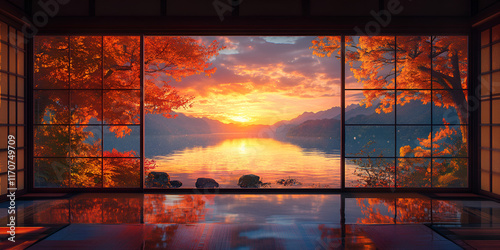 Peaceful Sunrise View from a Traditional Japanese Room

