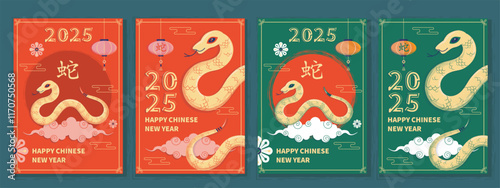 Chinese Lunar New Year 2025 modern vertical art design set in red, gold and pink colors. Festive Chinese zodiac snake symbol for cover, greeting card, poster, banner. Hieroglyphics included.