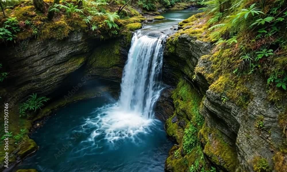 Aerial view of A waterfall cascading down a moss-covered cliff surrounded by lush greenery. Videos Gratis Backgorunds Aerial view of A waterfall cascading down a moss-covered cliff surrounded by lush greenery. Videos Gratis Backgorunds