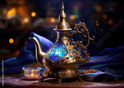 Magic lamp from the story of Aladdin. Generative Ai photo